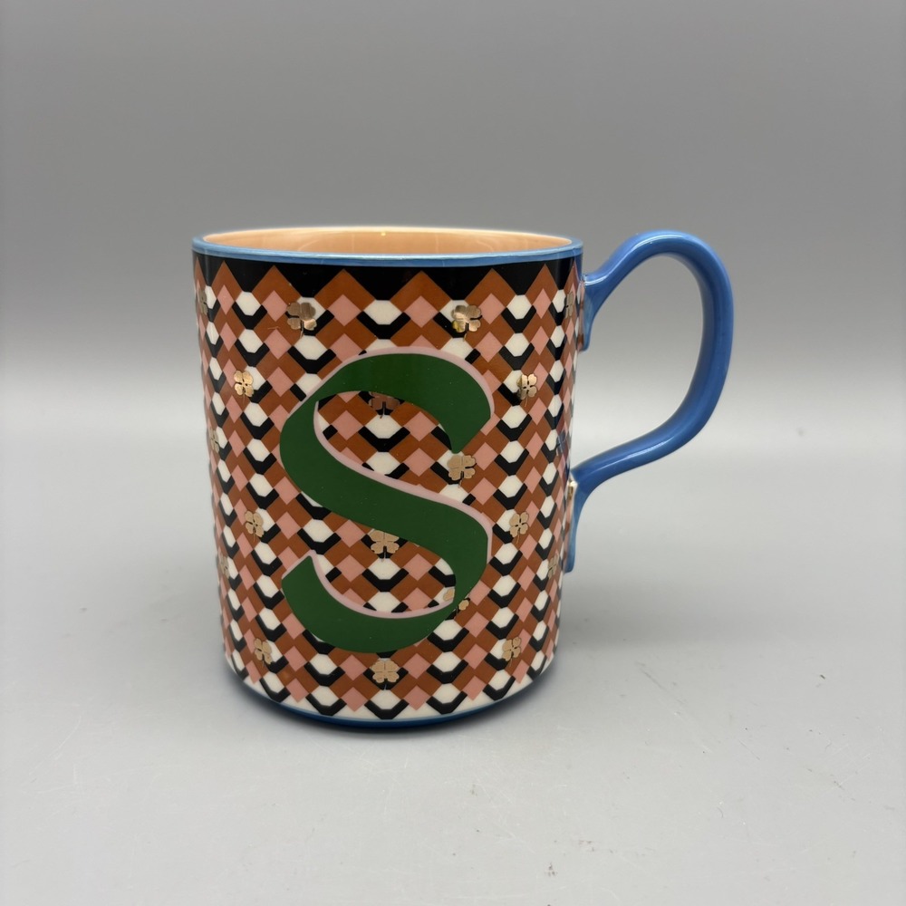 Anthropologie Bistro Tile Ceramic Coffee Mug Cup Monogram Letter S Shamrocks Mug